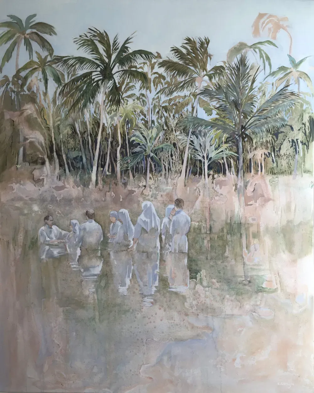 A mystical scene of a baptism in a tropical river.