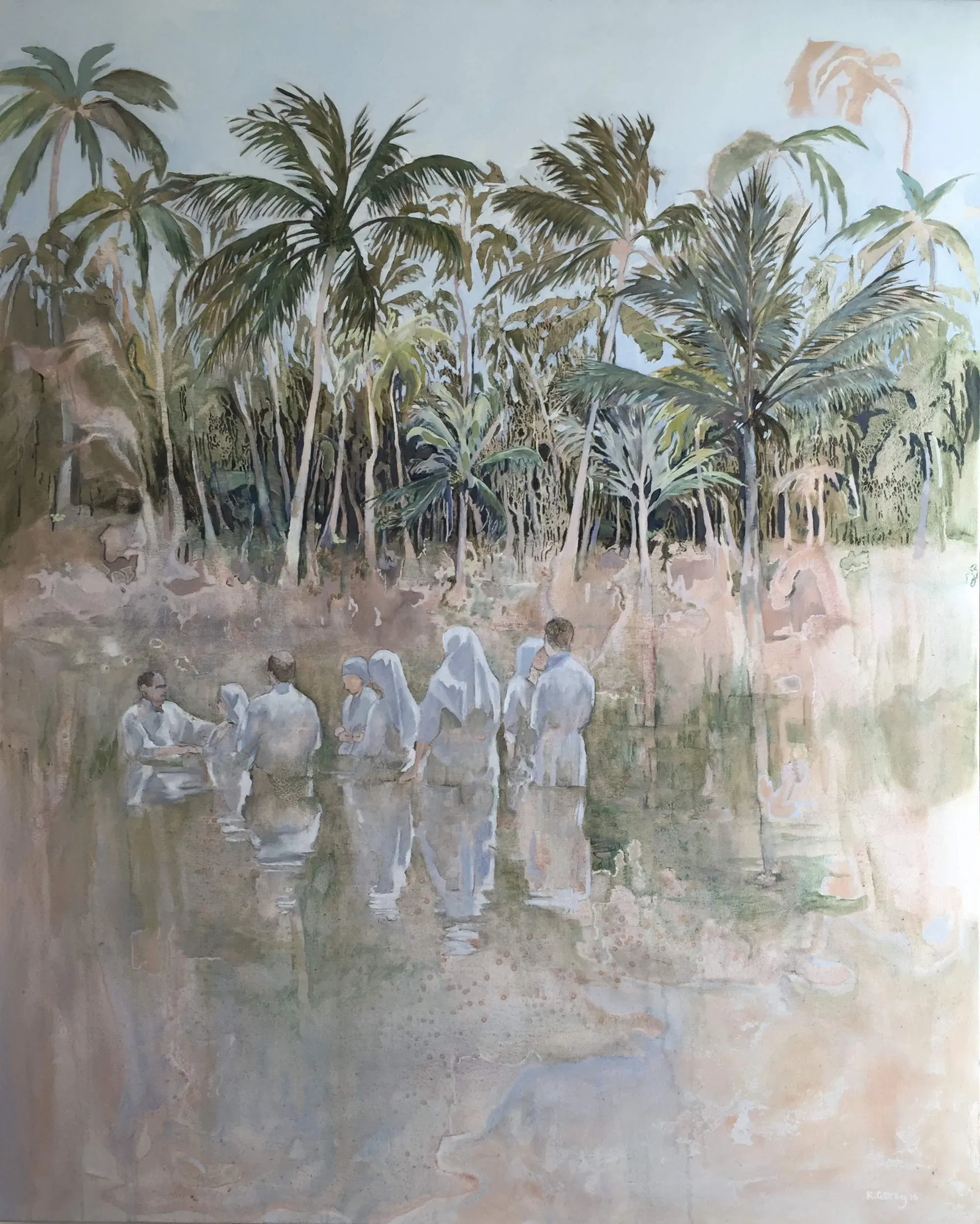 A mystical scene of a baptism in a tropical river.