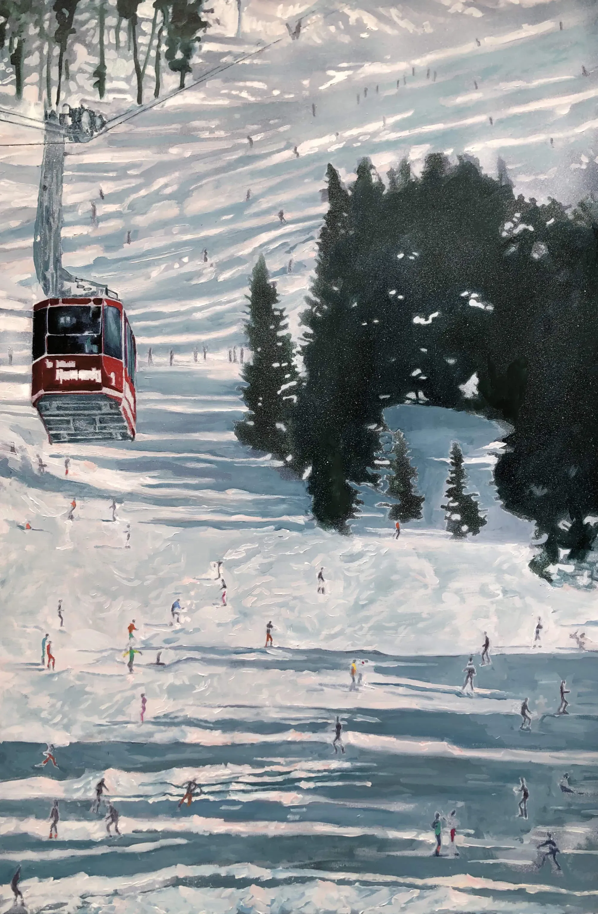 A cable car on the ascent with skiers below on the piste.