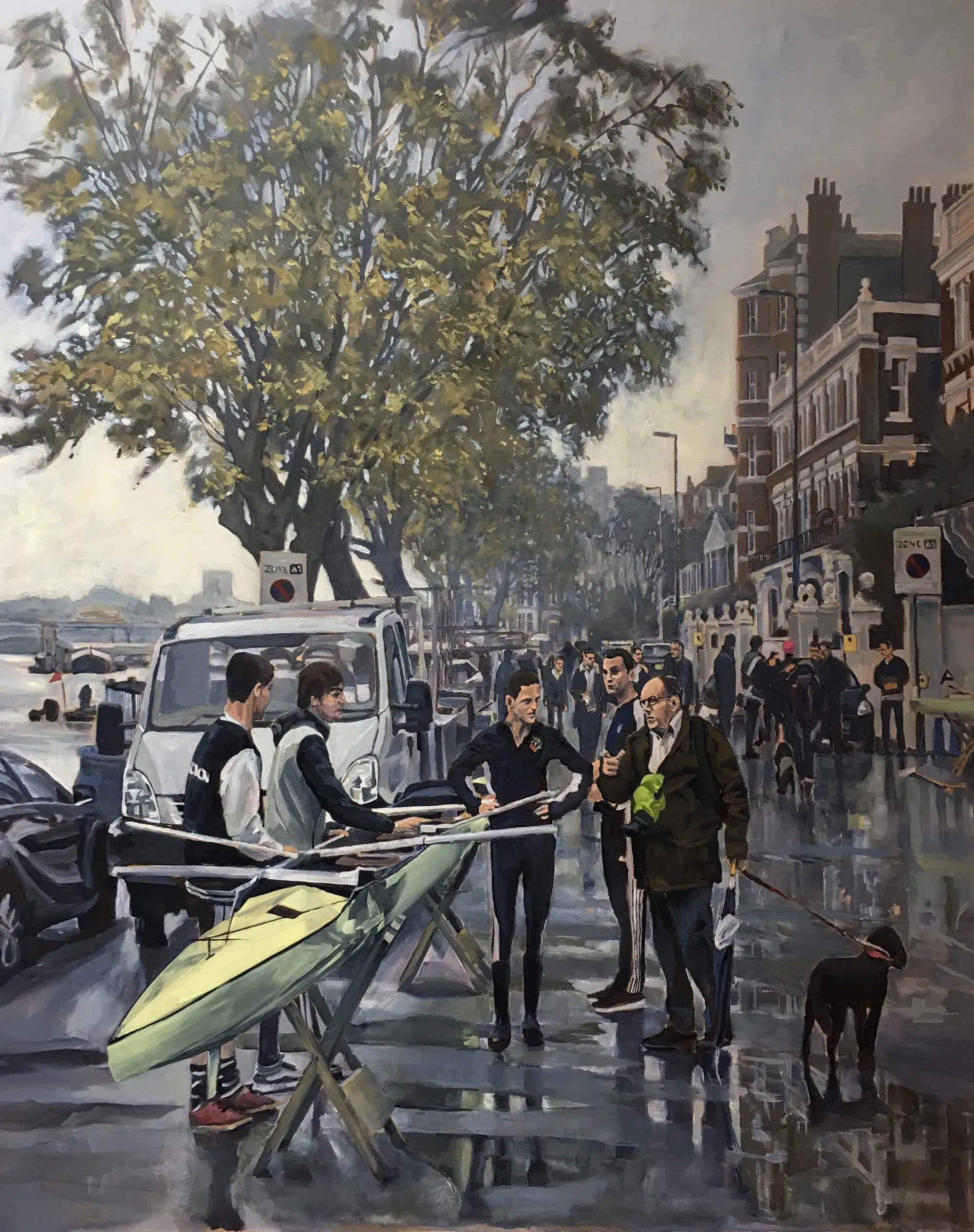 Rowers chat to a passerby walking his dog on an overcast morning.