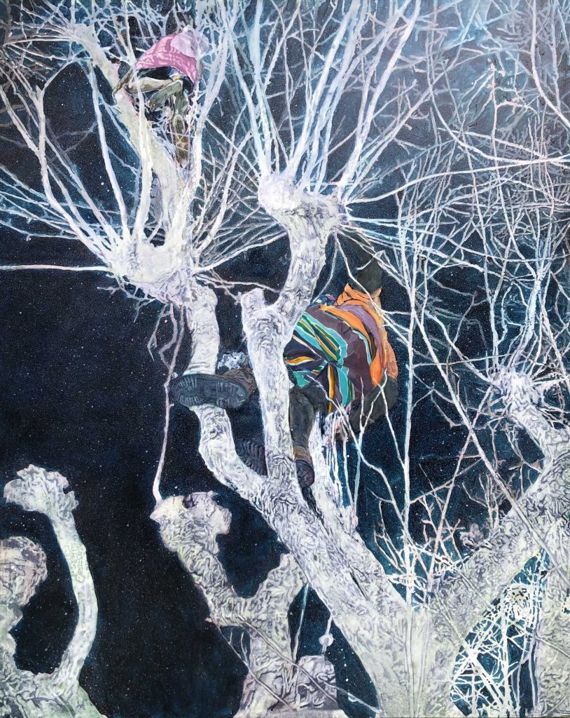 A bottom-up view of a boy climbing a tree in winter.