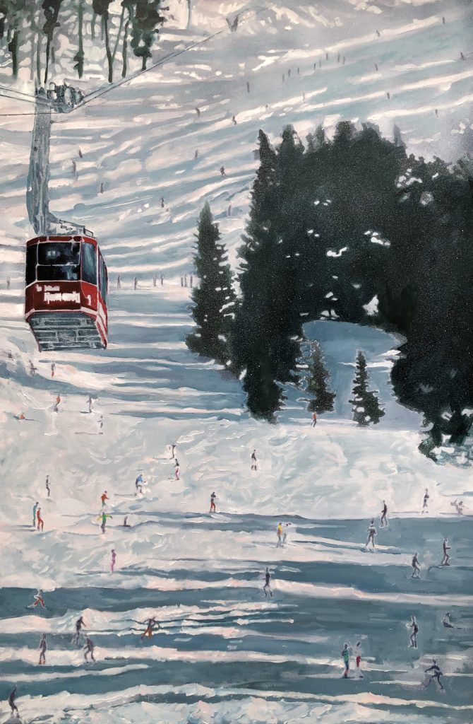 A cable car on the accent with skiers below on the piste.
