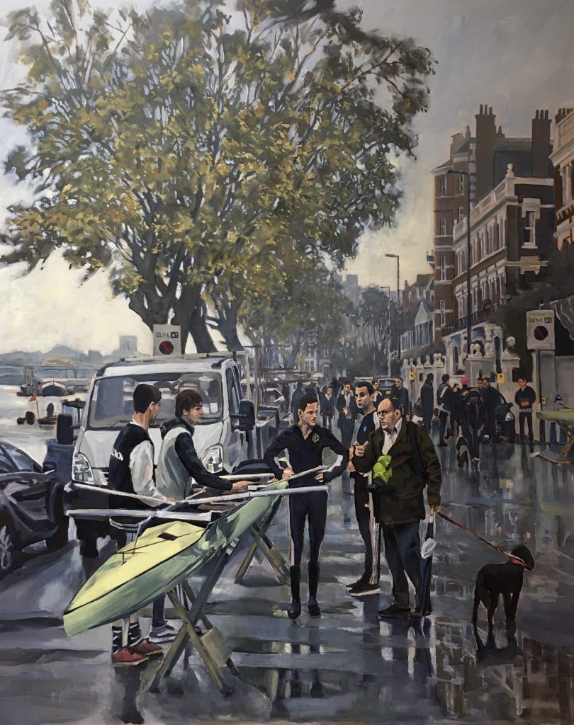 Rowers chat to a passerby walking his dog on an overcast morning.