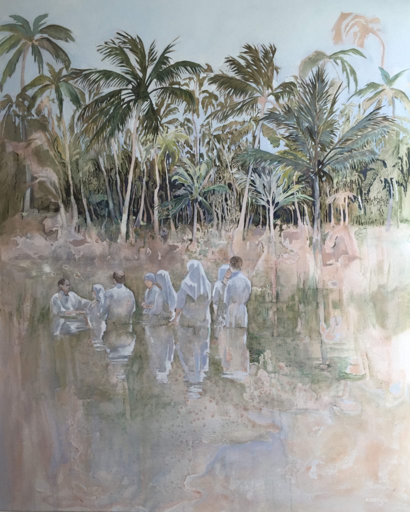 A mystical scene of a baptism in a tropical river.