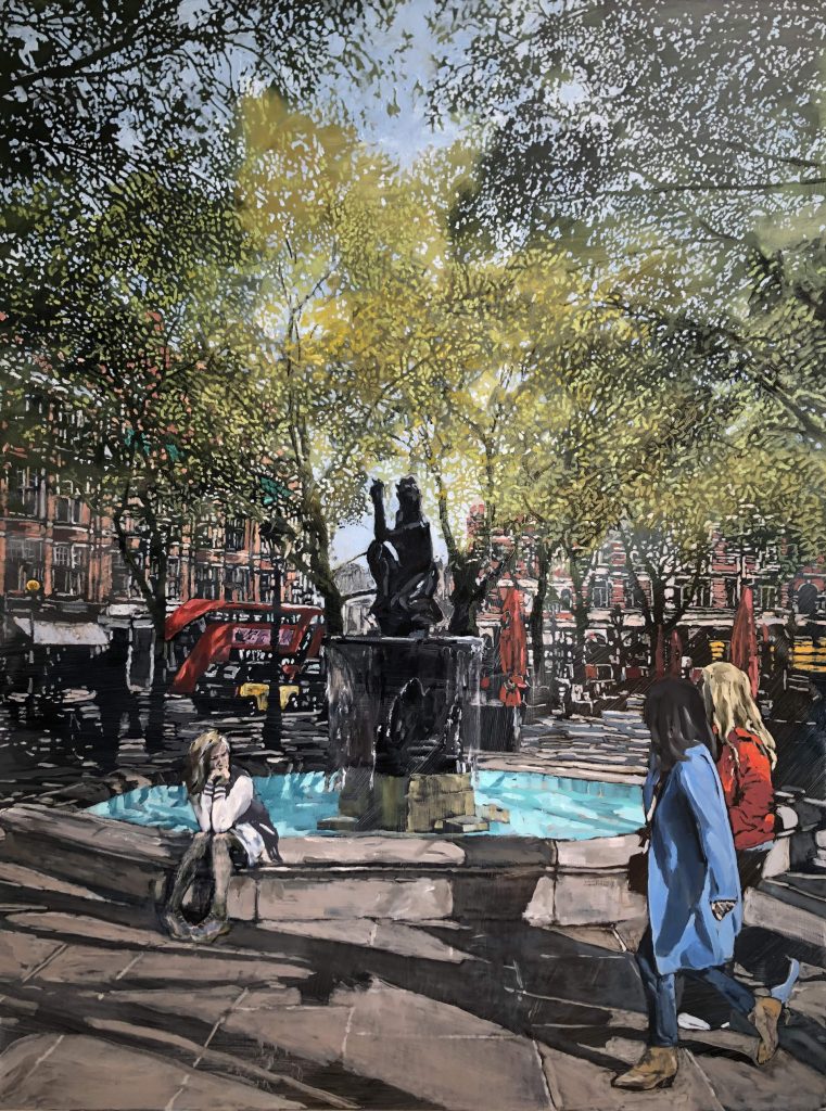 Two padestrians walking past London's Sloane Square fountain.